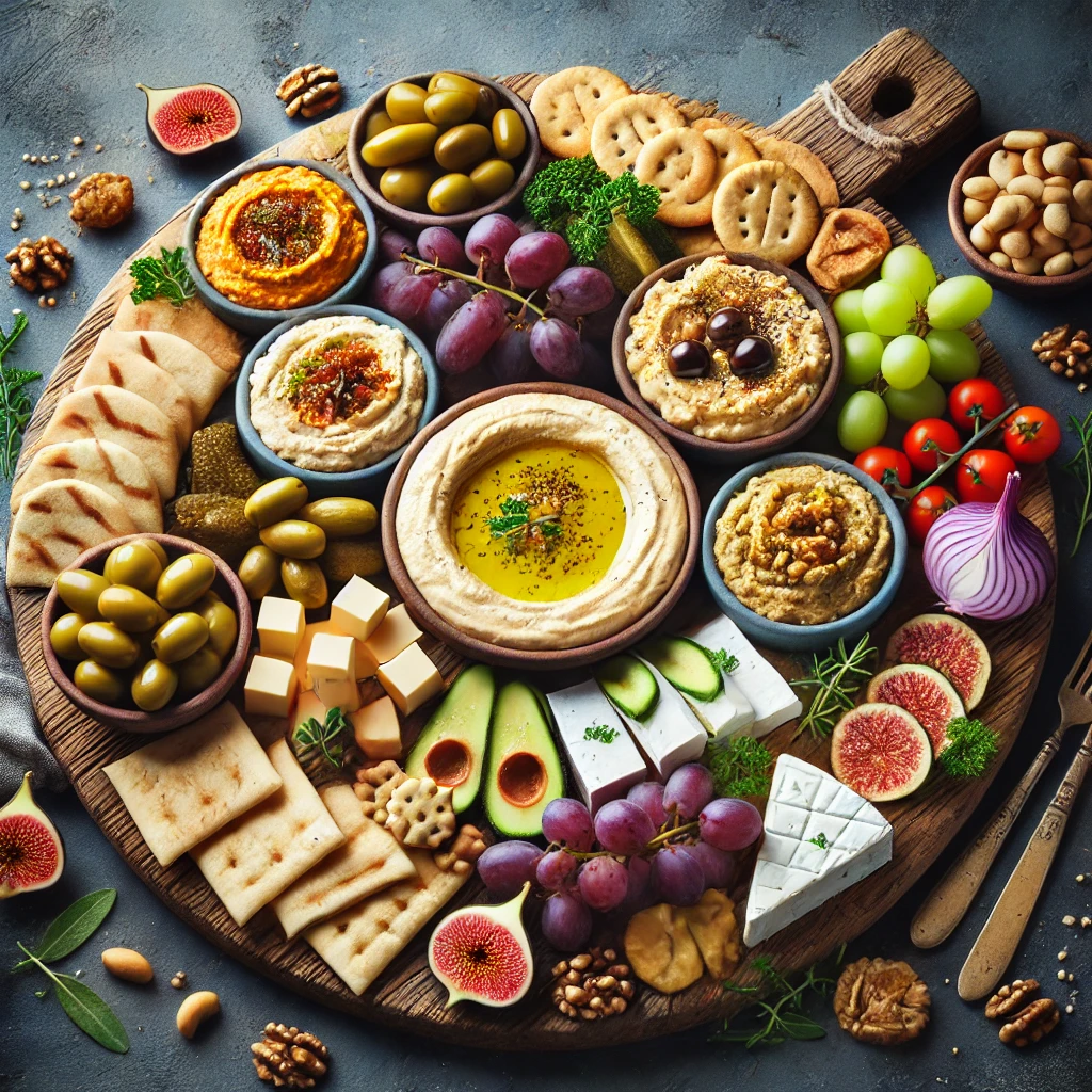 DALL·E 2025-01-29 22.58.47 - A beautifully arranged Mediterranean Mezze charcuterie board featuring hummus, baba ganoush, olives, pickled vegetables, pita bread, crackers, feta ch