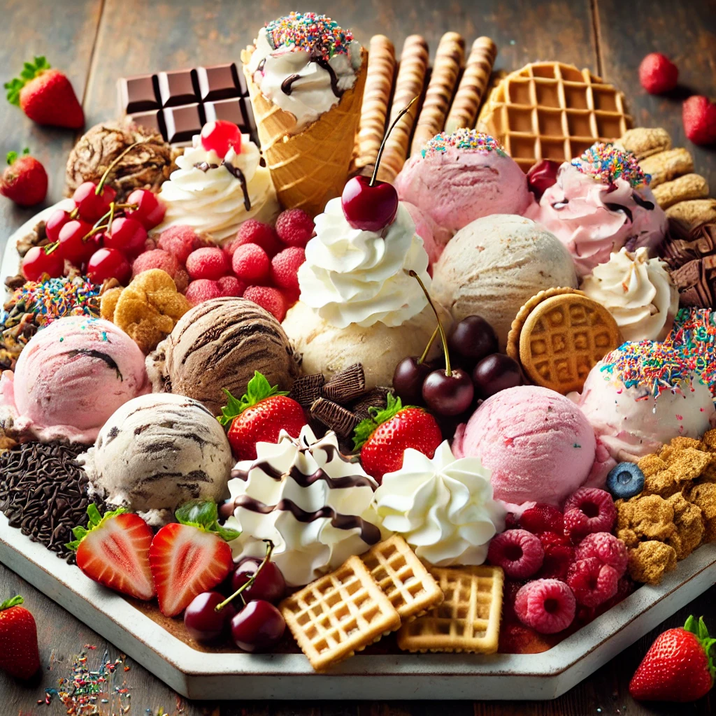 DALL·E 2025-01-29 22.58.59 - A fun and indulgent ice cream charcuterie board featuring assorted ice cream flavors like strawberry, vanilla, and chocolate, with sprinkles, cherries