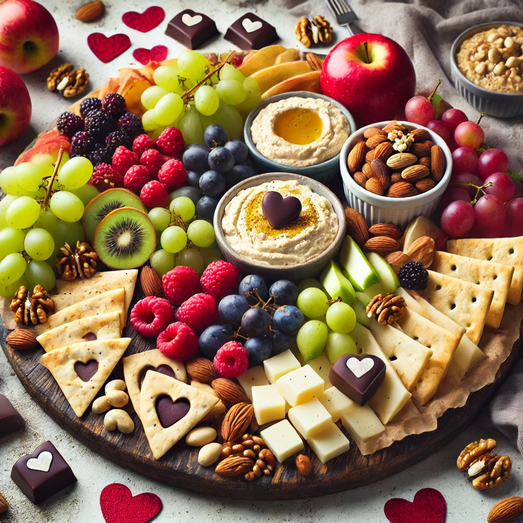 DALL·E 2025-01-29 22.59.10 - A beautiful vegan Valentine's Day charcuterie board featuring plant-based cheeses, hummus, pita chips, fresh fruits like grapes, raspberries, and appl