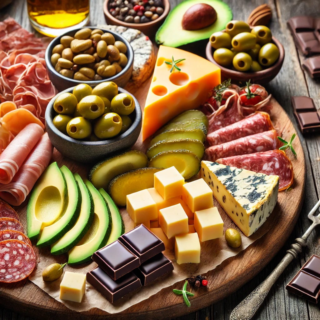 DALL·E 2025-01-29 22.59.17 - A delicious keto-friendly charcuterie board featuring hard cheeses like cheddar, gouda, and parmesan, an assortment of cured meats, olives, pickles, a
