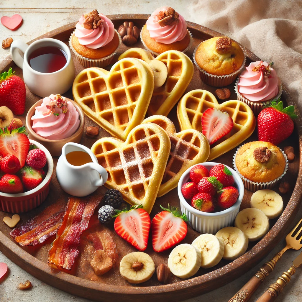 DALL·E 2025-01-29 22.59.24 - A delightful breakfast charcuterie board featuring mini heart-shaped waffles and pancakes, sliced strawberries and bananas, maple syrup, whipped cream