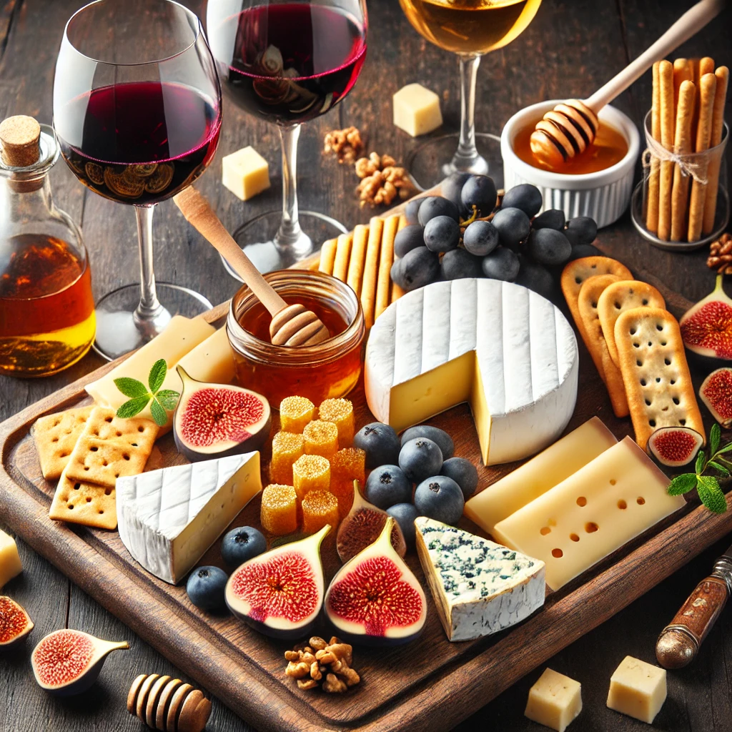 DALL·E 2025-01-29 22.59.27 - A sophisticated wine and cheese pairing charcuterie board featuring brie, gouda, and blue cheese, red and white wine selections, fresh figs, honeycomb