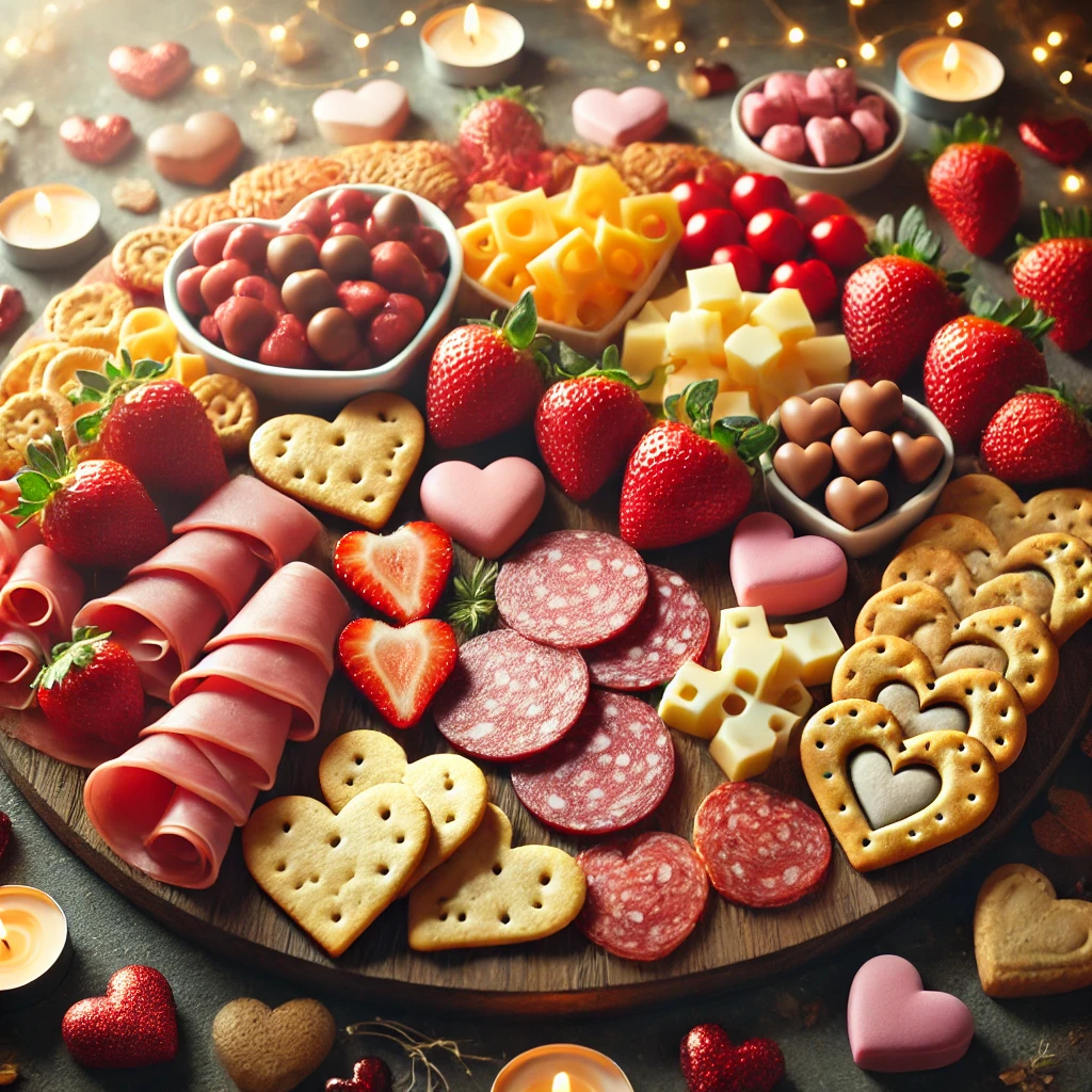 DALL·E 2025-01-29 22.59.38 - A beautifully arranged heart-shaped charcuterie board with everything heart-shaped_ heart-shaped salami, heart-shaped prosciutto, and heart-shaped pep