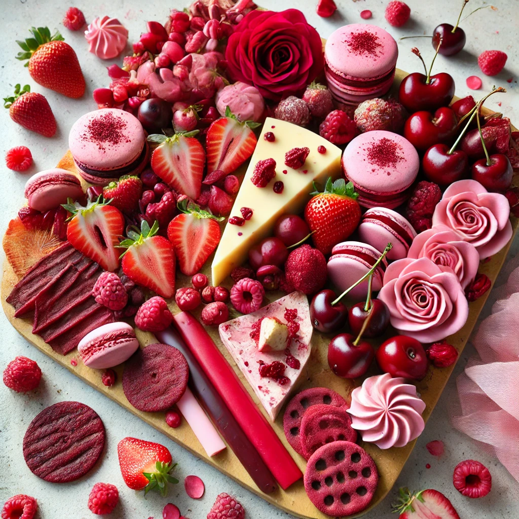 DALL·E 2025-01-29 23.00.02 - A stunning red and pink themed charcuterie board featuring raspberries, strawberries, cherries, red velvet cookies, pink macarons, beet chips, red bel