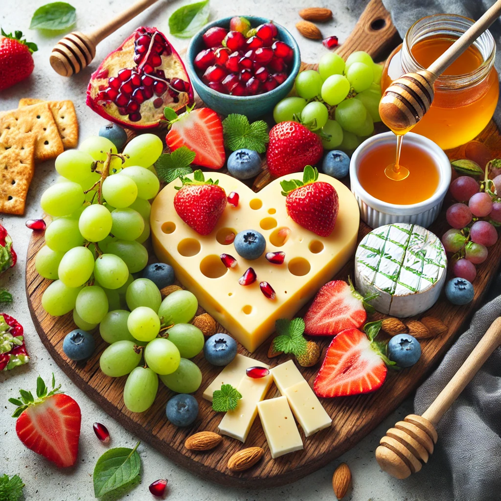 DALL·E 2025-01-29 23.00.07 - A fresh and colorful fruit & cheese charcuterie board with heart-shaped cheese slices, grapes, strawberries, pomegranate seeds, honey drizzles, cracke