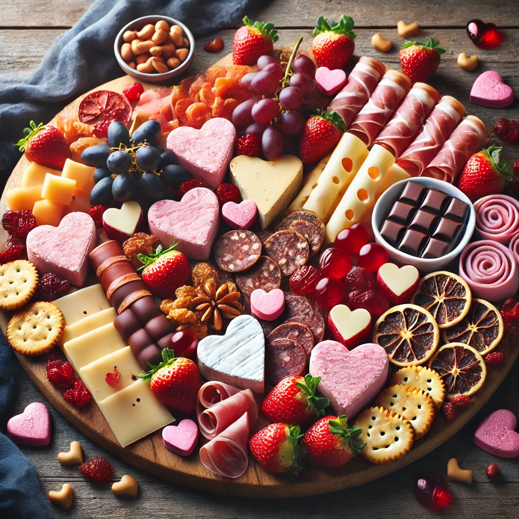 DALL·E 2025-01-29 23.00.19 - A beautifully arranged classic Valentine's Day charcuterie board featuring heart-shaped cheeses, cured meats, chocolate-covered strawberries, crackers