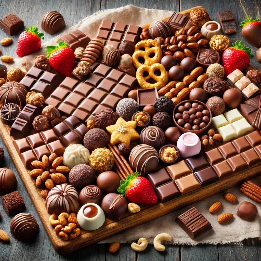DALL·E 2025-01-29 23.08.12 - A luxurious chocolate lover's charcuterie board featuring a wide variety of gourmet chocolates, including truffles, dark and milk chocolate bars, whit
