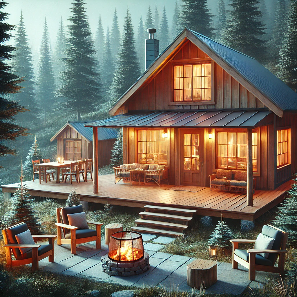 DALL·E 2025-01-27 22.04.52 - A cozy wooden cabin in the mountains, surrounded by pine trees. The cabin has warm glowing lights, a fire pit outside, and a wooden porch with two emp