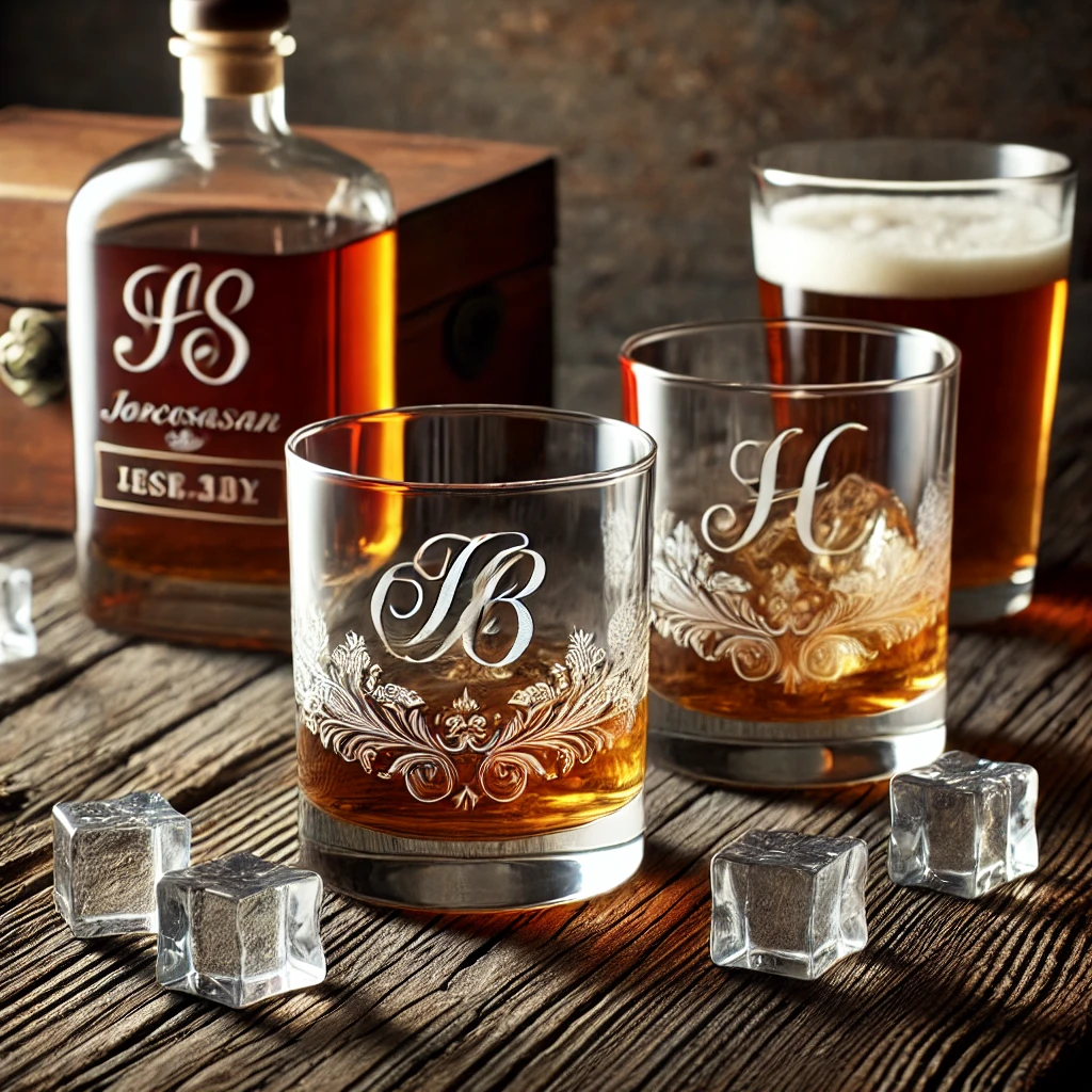 DALL·E 2025-01-27 22.04.55 - A personalized whiskey or beer glass set, placed on a rustic wooden table with a bottle of whiskey and a few ice cubes beside it. The glasses are eleg