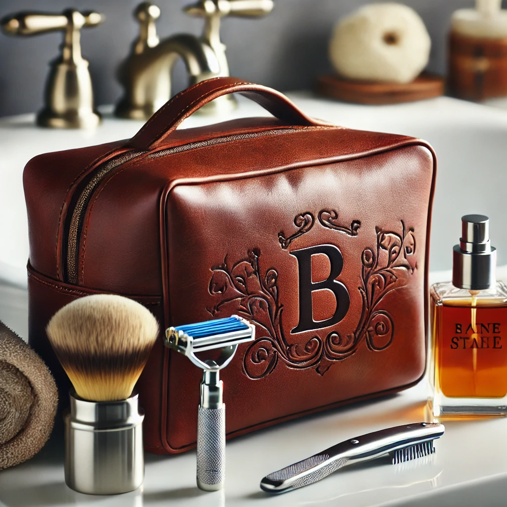 DALL·E 2025-01-27 22.04.57 - A customized leather Dopp kit, placed on a bathroom countertop with neatly arranged grooming essentials like a razor, toothbrush, and cologne beside i