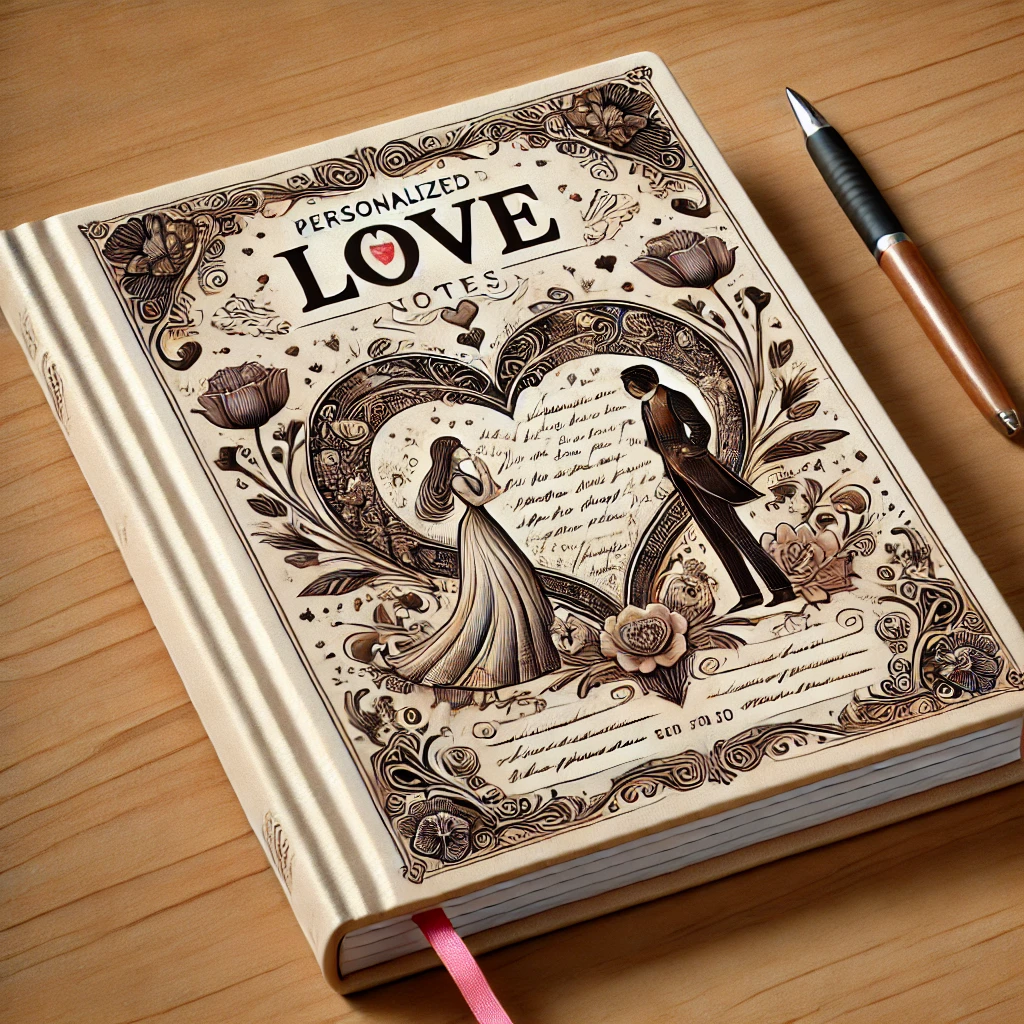 DALL·E 2025-01-27 22.05.03 - A personalized book of love notes, placed on a wooden table with a pen beside it. The cover features elegant romantic imagery such as heart designs, f