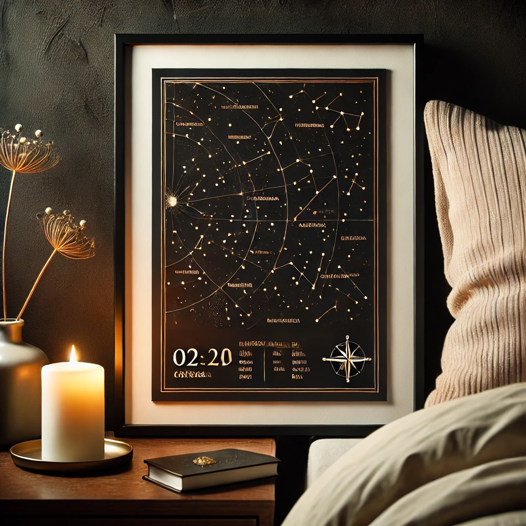 DALL·E 2025-01-27 22.05.17 - A framed custom star map showing the night sky on a special date, placed on a cozy bedside table with a small candle beside it. The map has a sleek bl
