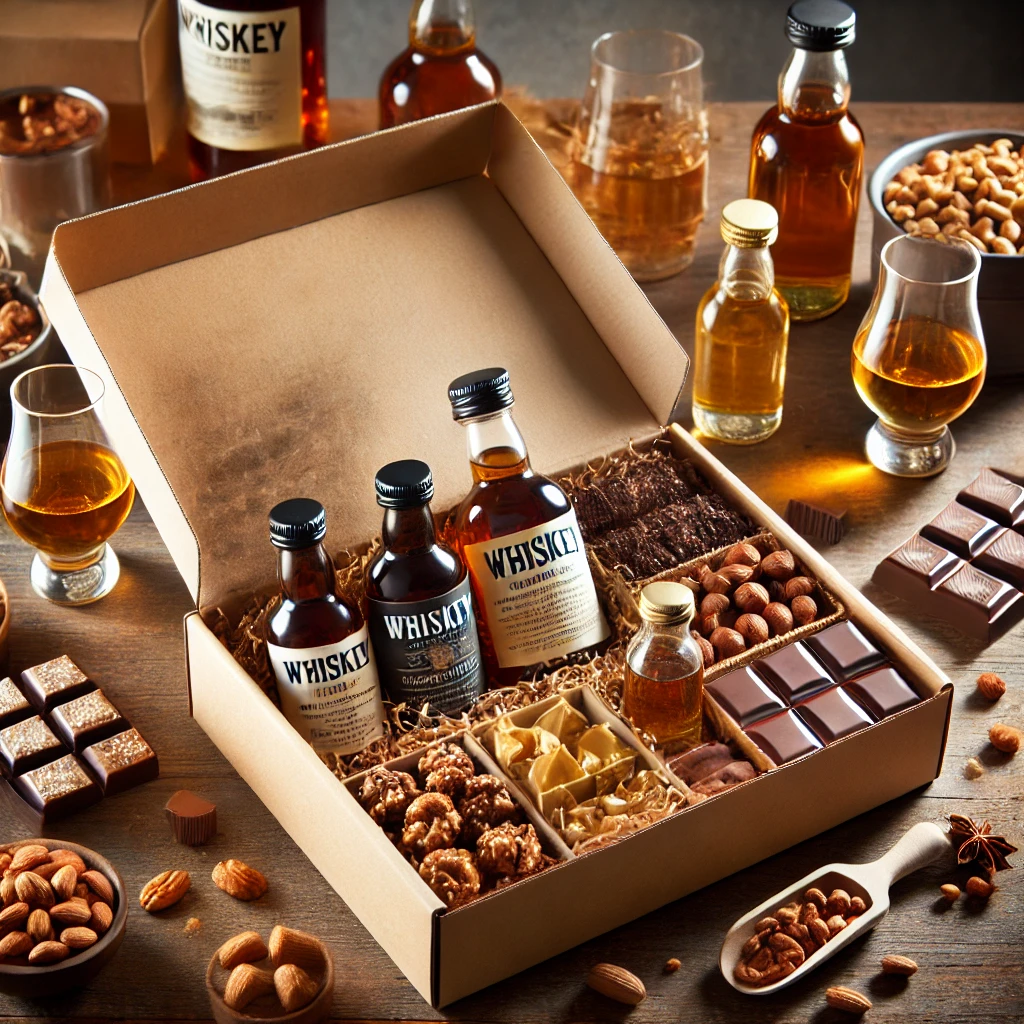 DALL·E 2025-01-27 22.05.19 - A subscription box with whiskey bottles and gourmet snacks, placed on a wooden countertop. The box is open, revealing a variety of whiskey miniatures,