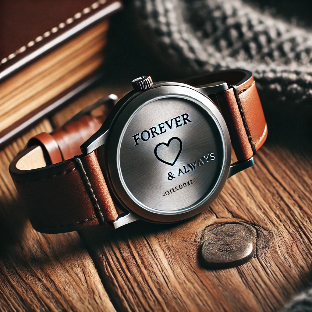 DALL·E 2025-01-27 22.05.21 - A stylish engraved wristwatch with a leather strap, placed on a wooden table. The engraving on the back reads 'Forever & Always' with a small heart sy