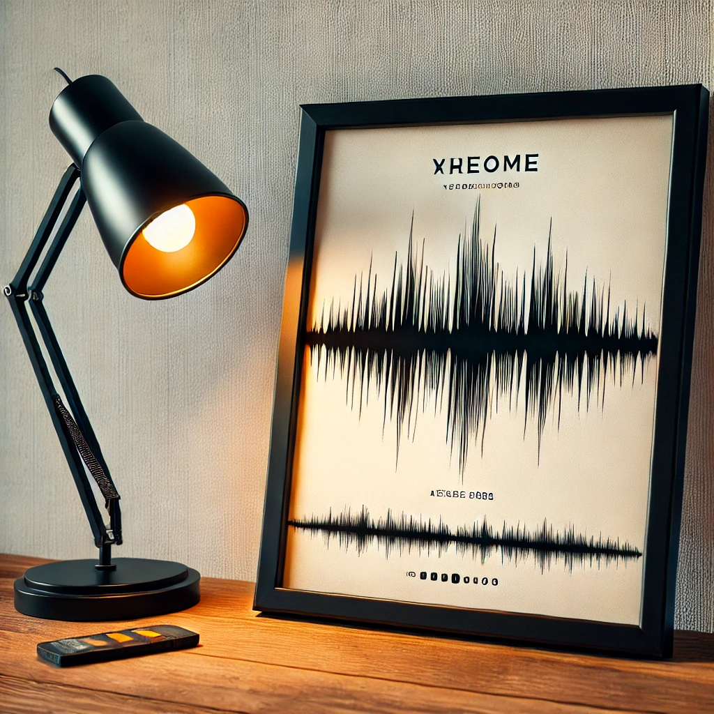 DALL·E 2025-01-27 22.05.28 - A framed custom soundwave art print on a wooden desk, with a warm lamp beside it. The soundwave is created from a recorded voice message, and the prin