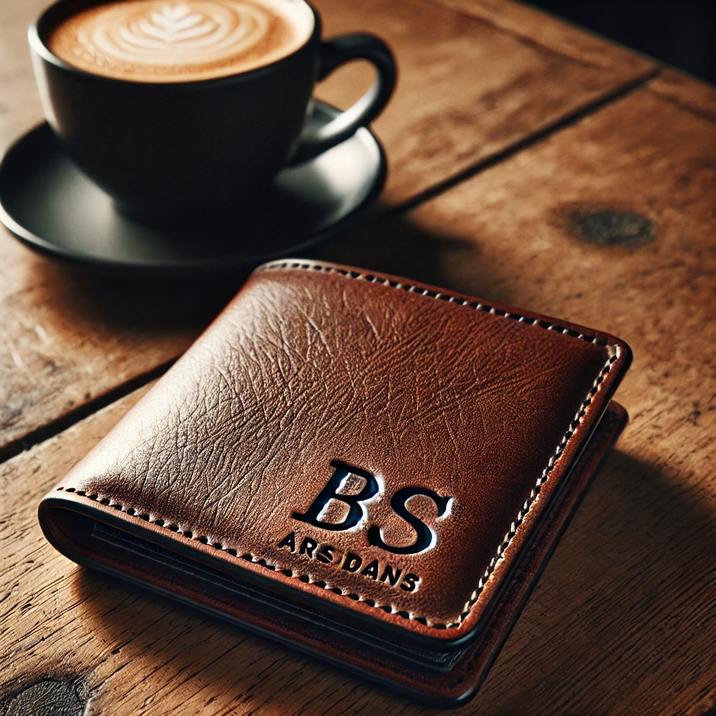 DALL·E 2025-01-27 22.05.30 - A high-quality leather wallet with initials engraved on it, placed on a wooden table with a cup of coffee beside it. The wallet looks slightly worn-in