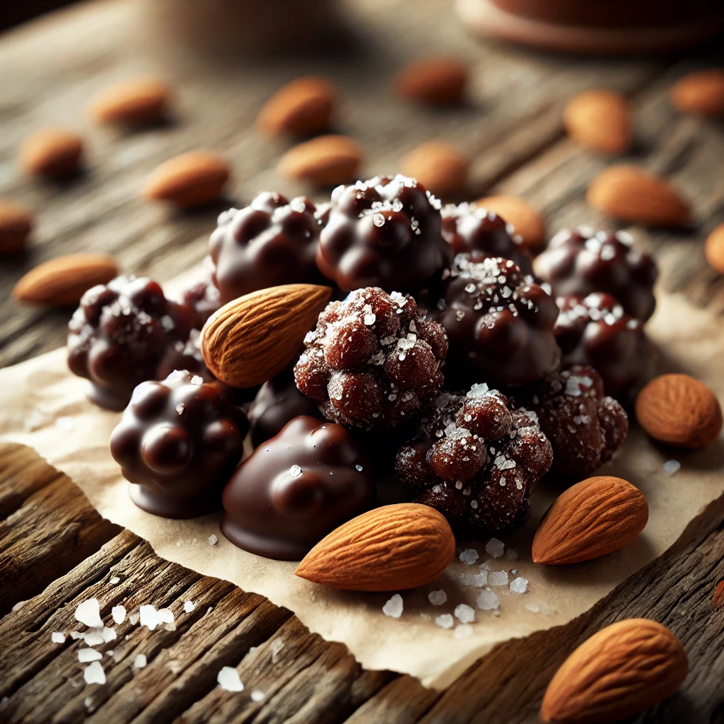 DALL·E 2025-02-20 22.45.59 - A natural, candidly shot image of dark chocolate almond clusters. Small clusters of whole almonds coated in rich, melted dark chocolate, sprinkled wit
