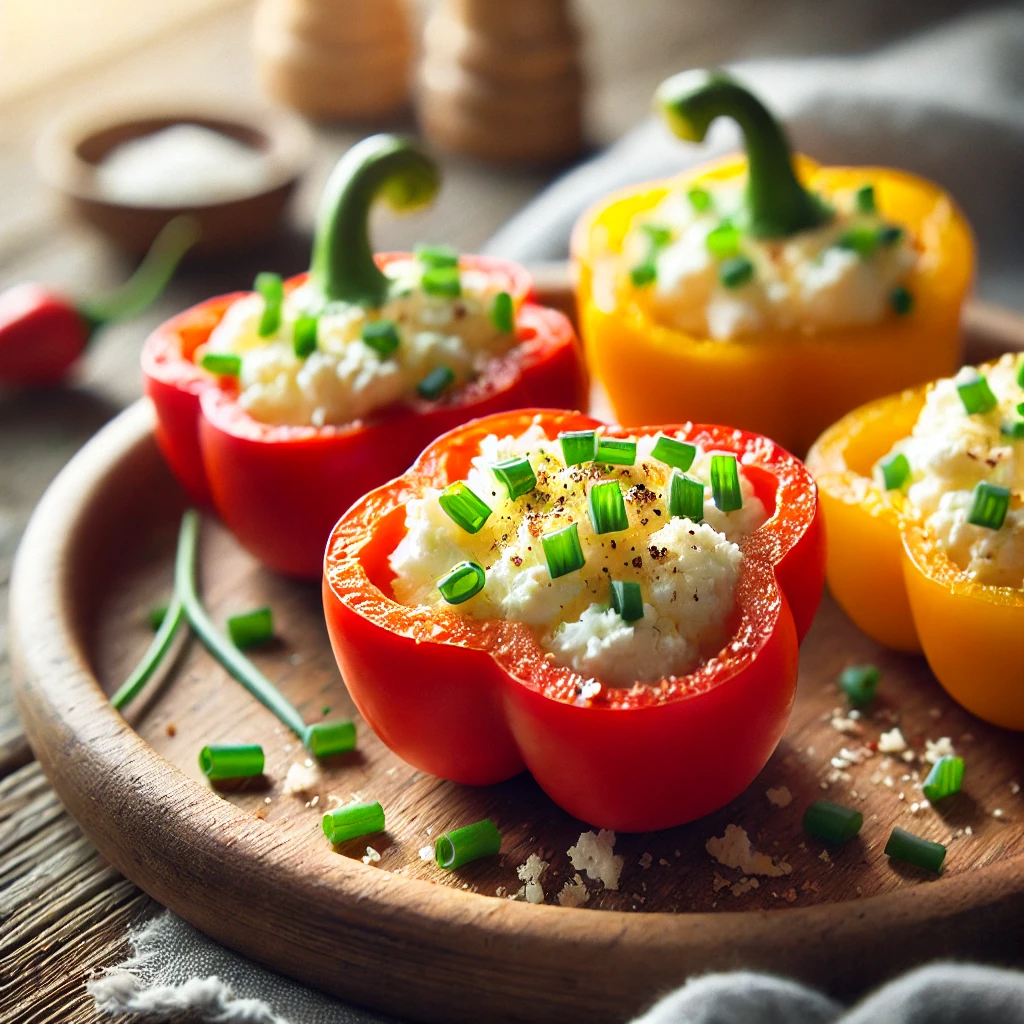DALL·E 2025-02-20 22.46.06 - A natural, candidly shot image of stuffed mini bell peppers. Mini bell peppers are halved and filled with creamy goat cheese, sprinkled with fresh chi