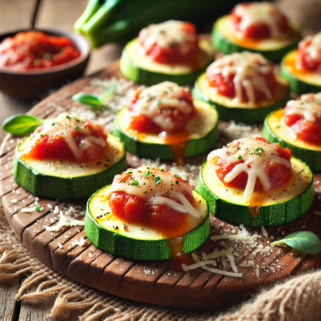 DALL·E 2025-02-20 22.46.16 - A natural, candidly shot image of zucchini pizza bites. Fresh zucchini slices topped with marinara sauce, melted mozzarella cheese, and a sprinkle of