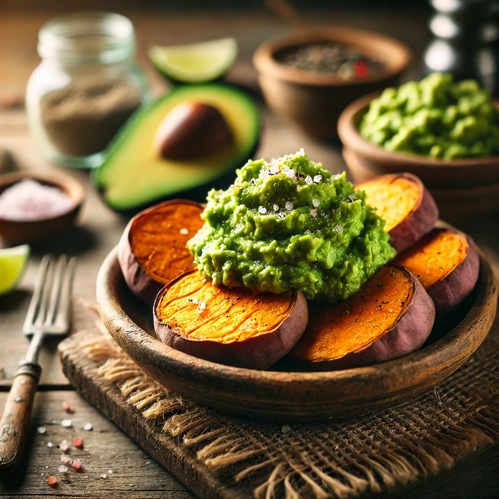DALL·E 2025-02-20 22.46.24 - A natural, candidly shot image of sweet potato rounds topped with creamy guacamole. The dish is placed on a rustic wooden table with a cozy, warm ambi