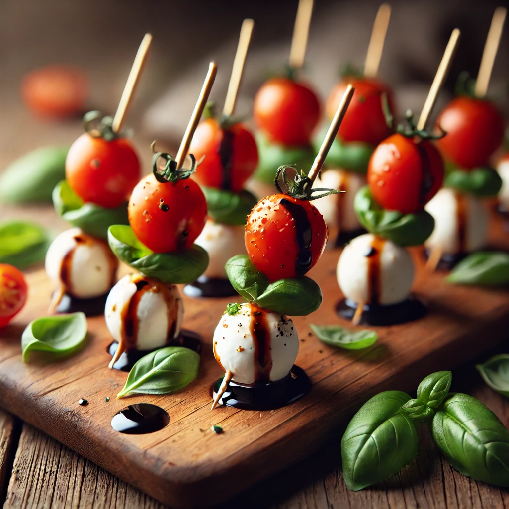 DALL·E 2025-02-20 22.46.34 - A natural, candidly shot image of caprese skewers. Cherry tomatoes, fresh mozzarella balls, and basil leaves skewered on toothpicks, drizzled with bal