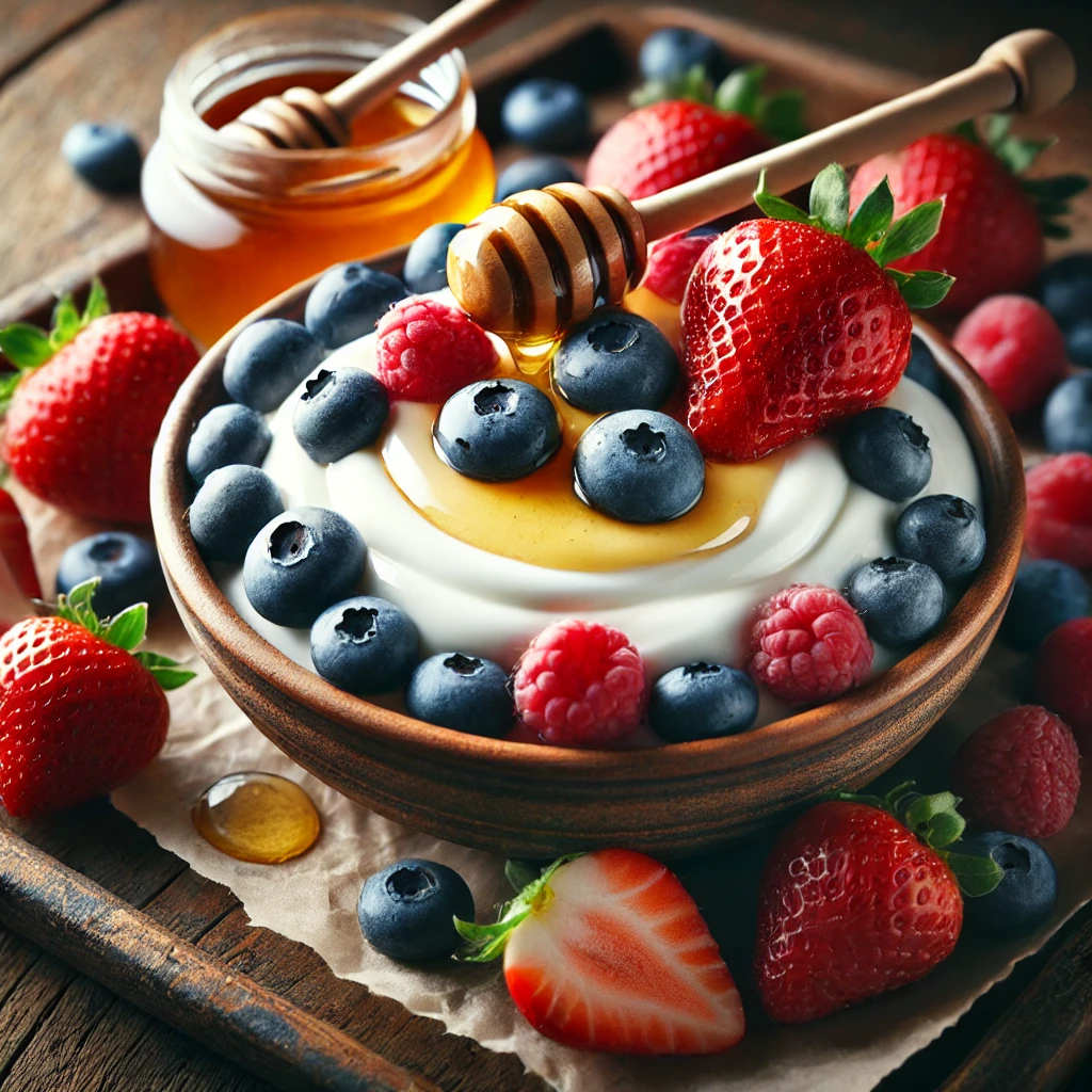 DALL·E 2025-02-20 22.46.43 - A natural, candidly shot image of a bowl of Greek yogurt fruit dip surrounded by fresh strawberries, blueberries, and raspberries. The yogurt dip is d