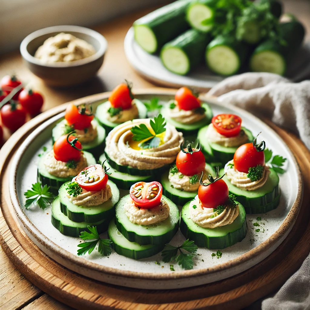 DALL·E 2025-02-20 22.46.51 - A natural, candidly shot image of cucumber hummus bites. Fresh cucumber slices topped with creamy hummus, halved cherry tomatoes, and garnished with p