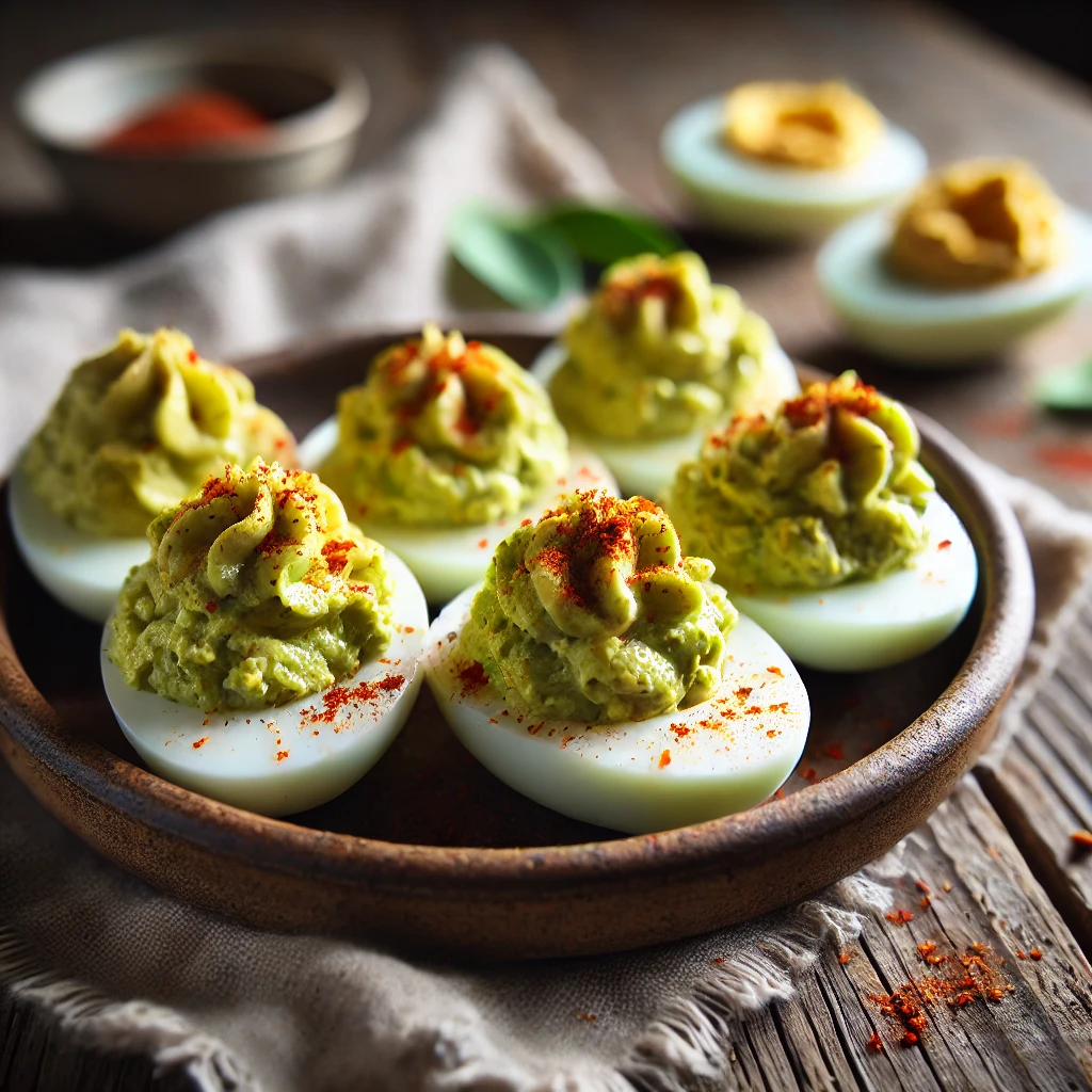 DALL·E 2025-02-20 22.46.57 - A natural, candidly shot image of a plate of avocado deviled eggs. The eggs are halved, filled with a creamy avocado mixture, and garnished with papri