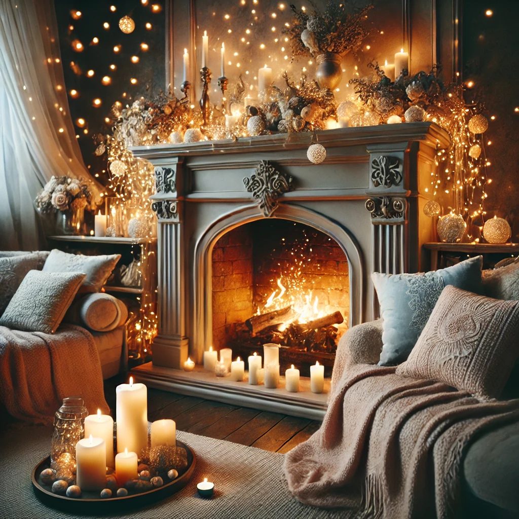 DALL·E 2025-02-22 18.09.38 - A romantic fireplace setup for a couples-only party. The fireplace is adorned with twinkling fairy lights, an arrangement of flickering candles, and s