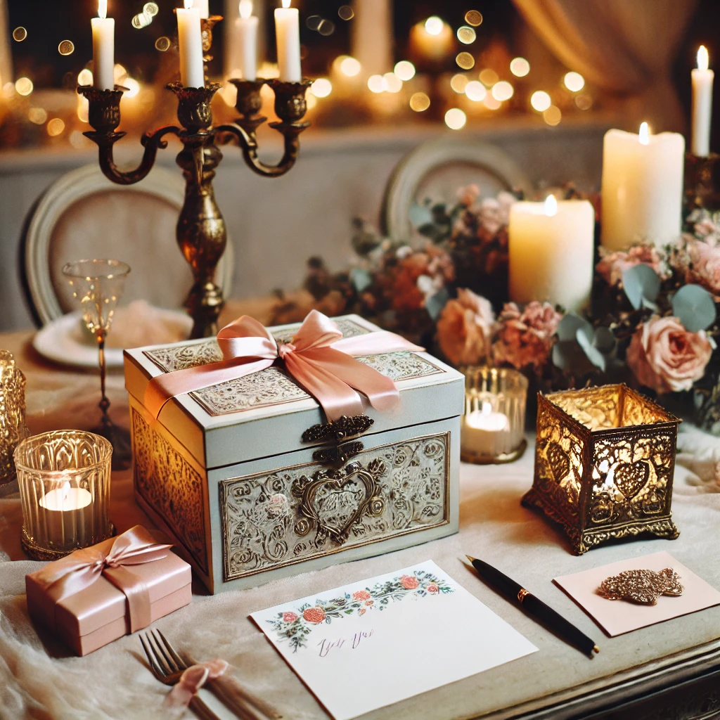 DALL·E 2025-02-22 18.09.39 - A beautiful DIY love letter station at a couples-only party. A decorative box sits on a table alongside elegant stationery, pens, and soft candlelight