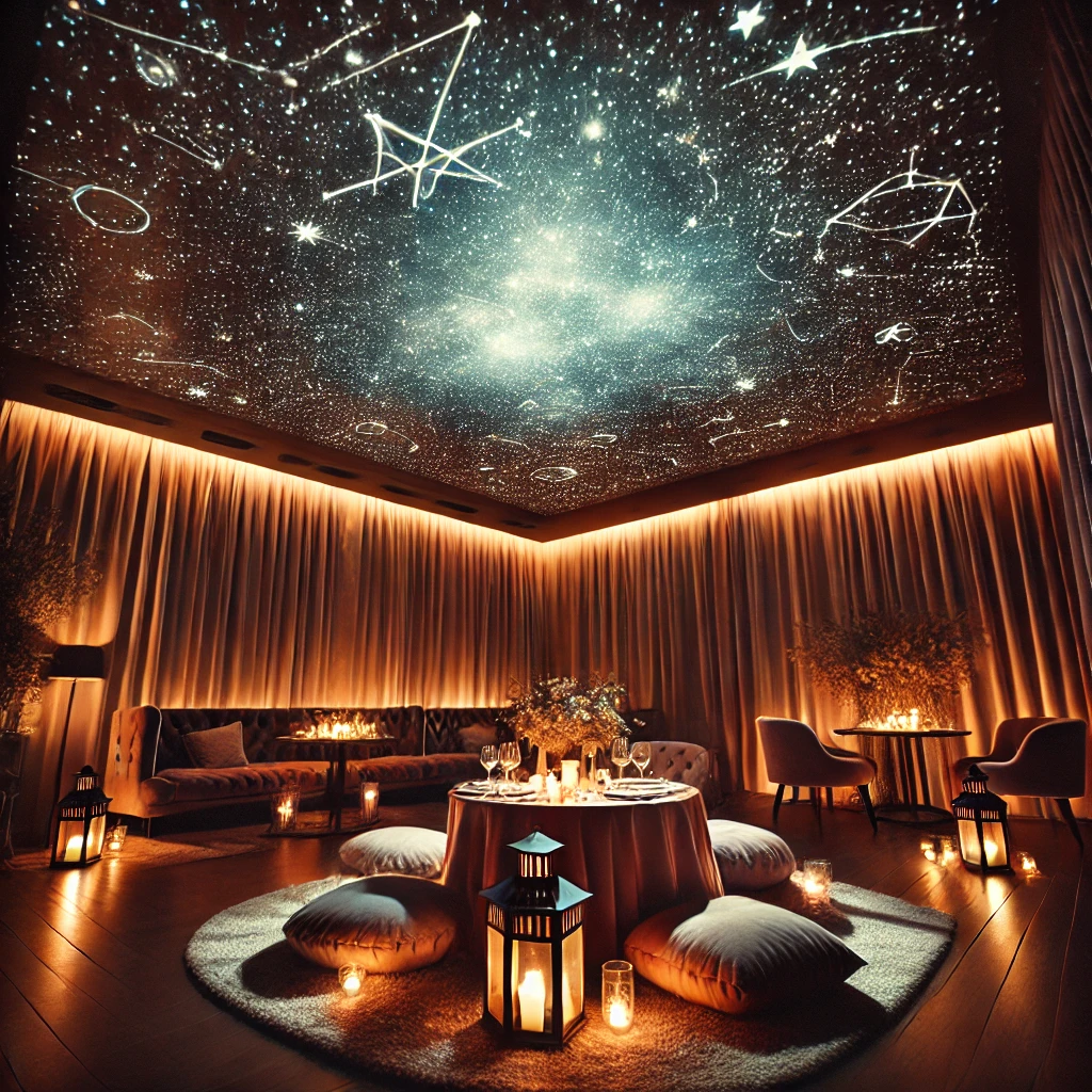 DALL·E 2025-02-22 18.09.41 - A cozy and romantic starry night indoor setup. The ceiling is illuminated with a star projector, casting soft constellations and dreamy hues. The room