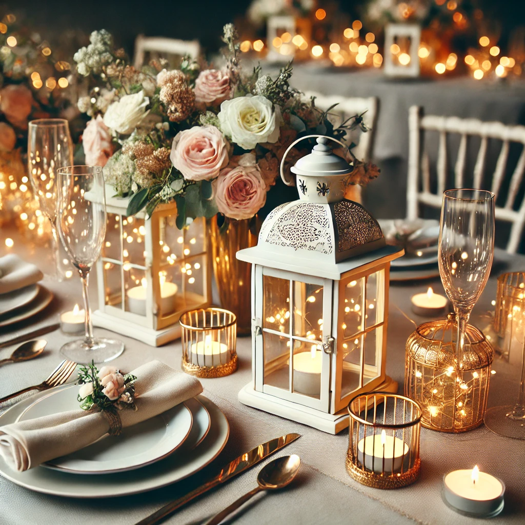 DALL·E 2025-02-22 18.09.49 - A romantic dinner table setup with lantern centerpieces. Elegant lanterns filled with fairy lights and small floral arrangements sit on a beautifully