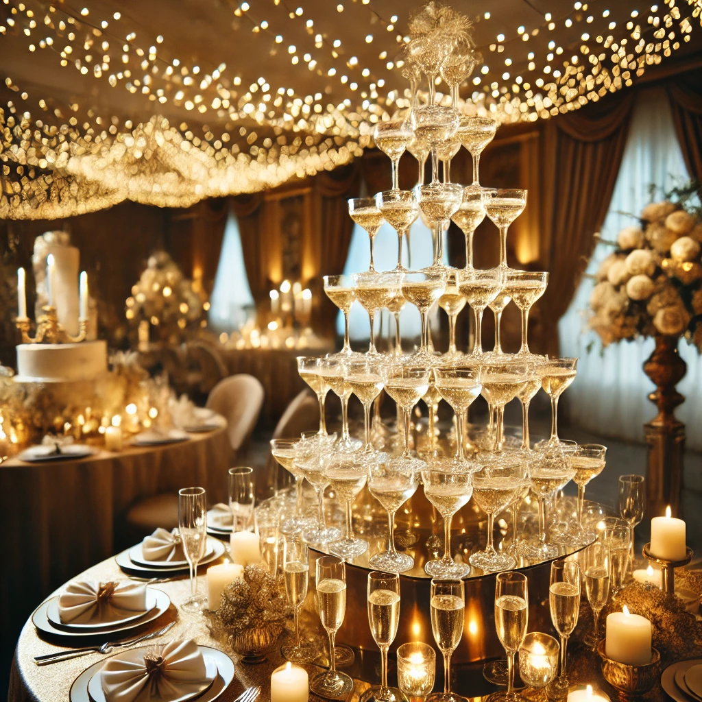 DALL·E 2025-02-22 18.09.54 - A glamorous champagne tower setup for a sophisticated couples-only party. Tiered champagne glasses stacked in a pyramid with golden fairy lights and e