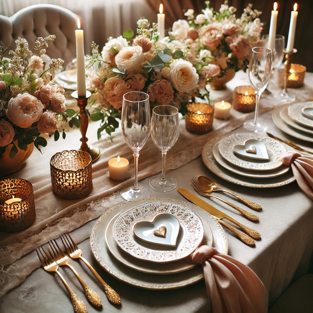 DALL·E 2025-02-22 18.09.55 - A romantic dinner table setting with heart-shaped plates and matching napkins. The table is elegantly decorated with soft candlelight, floral centerpi