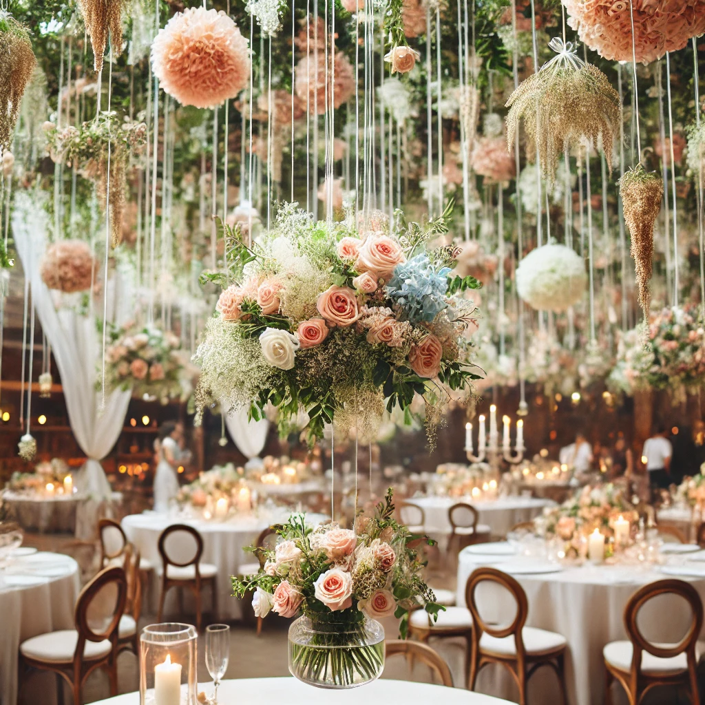 DALL·E 2025-02-22 18.09.57 - A hanging floral arrangement for a romantic couples-only party. Fresh flowers suspended from the ceiling with clear strings, creating an elegant and d