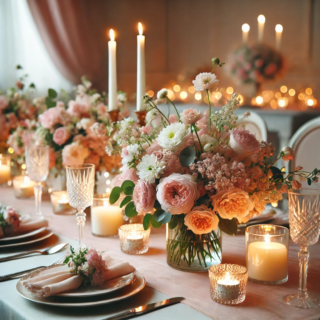 DALL·E 2025-02-22 18.10.05 - A romantic table setting featuring elegant floral centerpieces and candlelight. The table is decorated with soft pastel flowers in glass vases, surrou