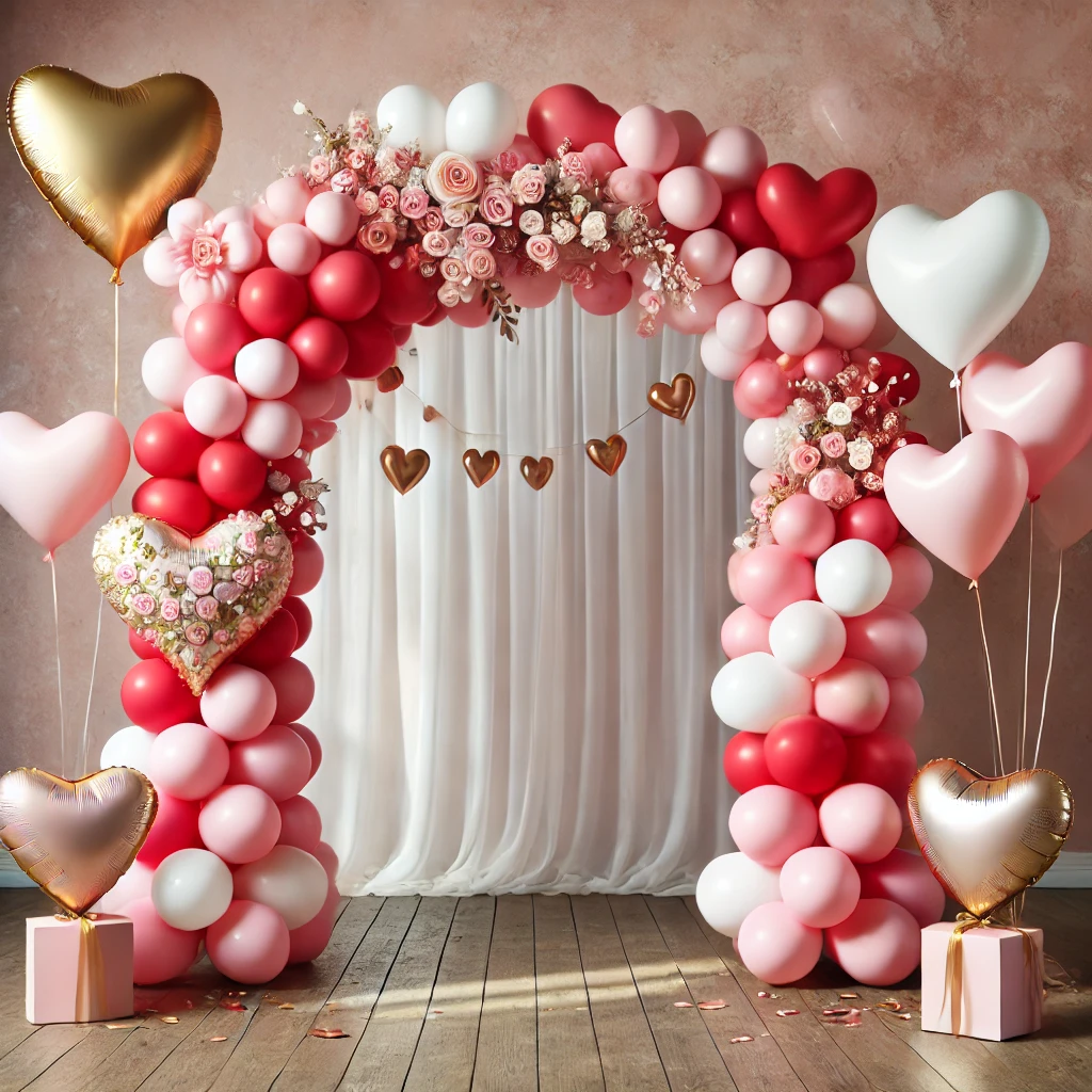 DALL·E 2025-02-22 18.10.08 - A beautiful balloon arch in romantic colors—red, pink, and white—set up as a photo backdrop for a couples-only party. Elegant and festive with heart-s