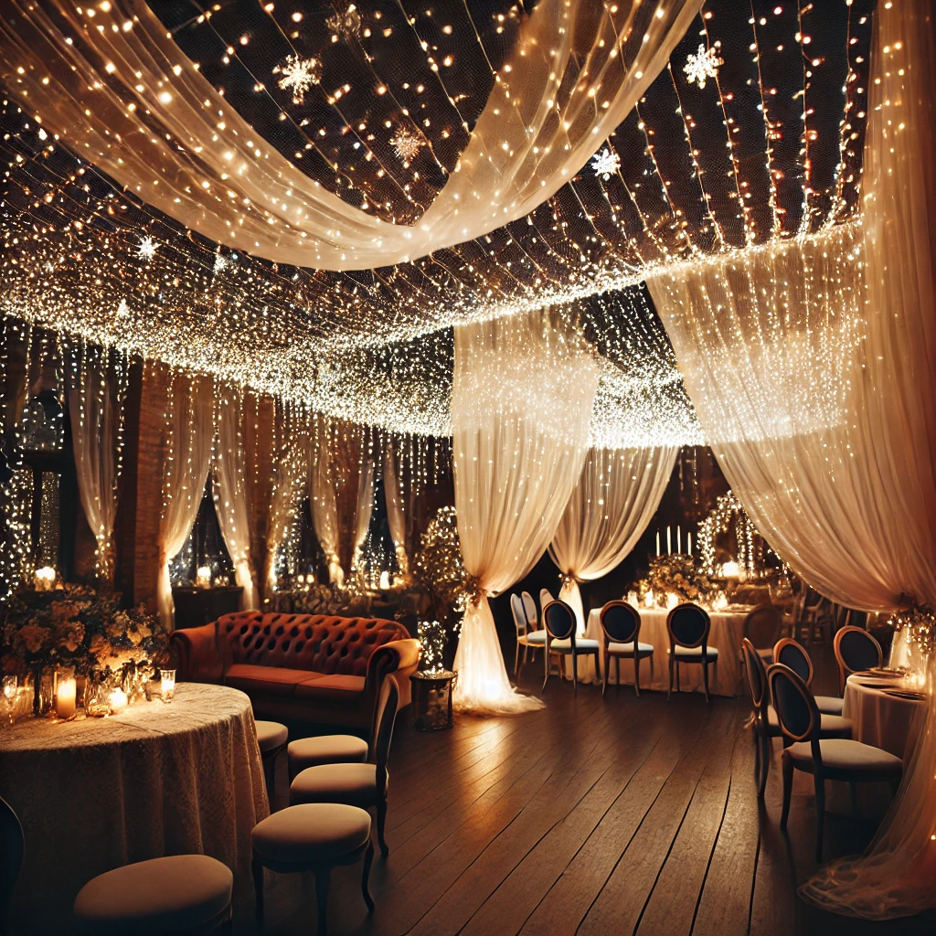 DALL·E 2025-02-22 18.10.11 - A cozy indoor party setup with a canopy of fairy lights draped from the ceiling. Sheer fabric hangs alongside the lights, creating a magical and intim