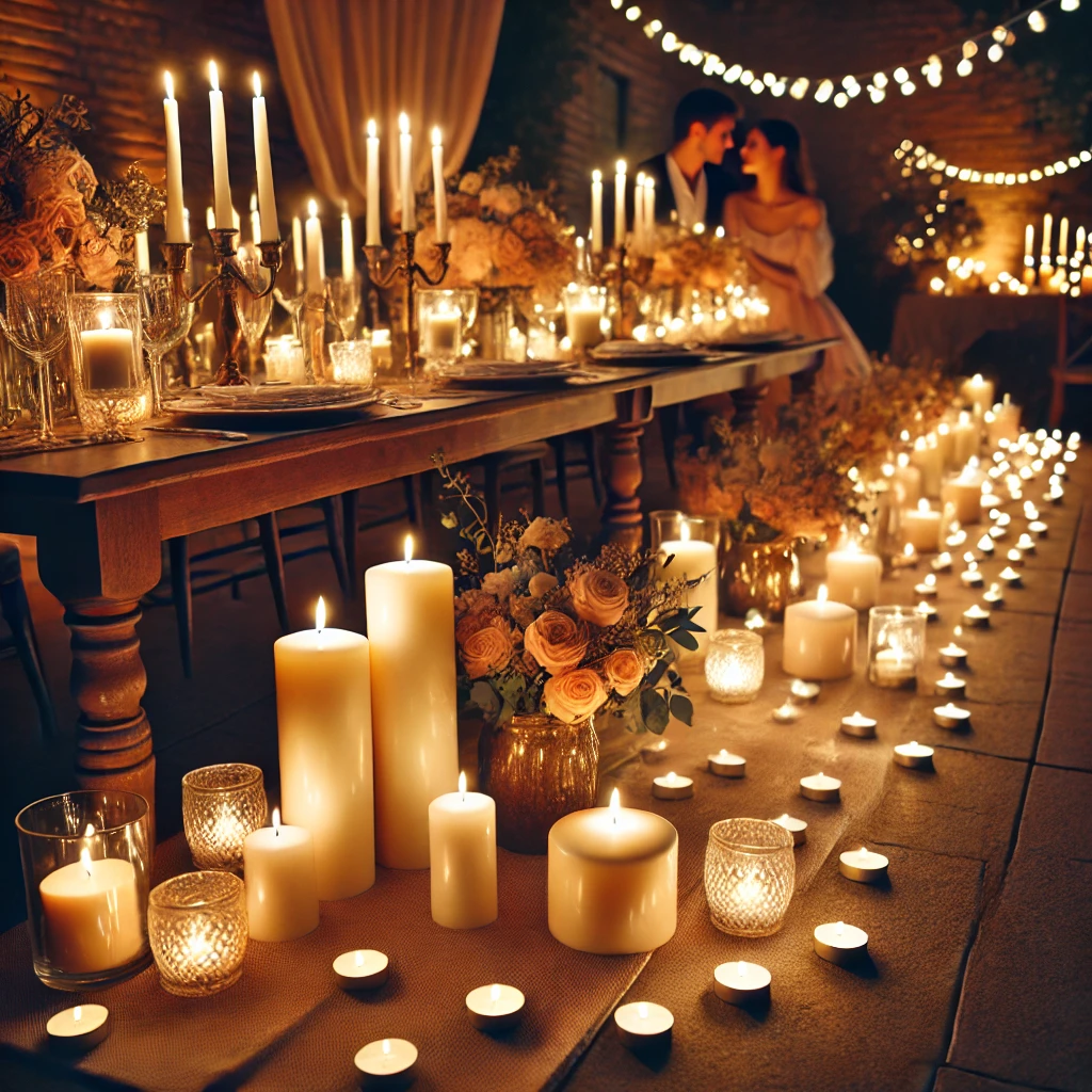 DALL·E 2025-02-22 18.10.14 - A romantic candlelit ambiance for a couples-only party. A cozy setting with a variety of candles—pillar candles, tea lights, and scented candles—arran