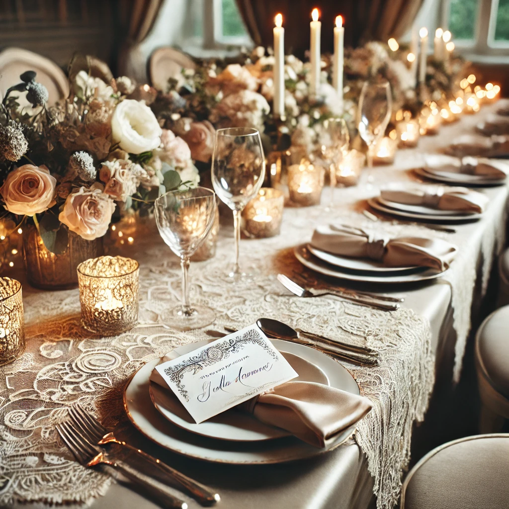 DALL·E 2025-02-22 18.17.39 - A beautifully set dining table with a romantic table runner made of elegant silk or lace. Each place setting features a personalized place card with s