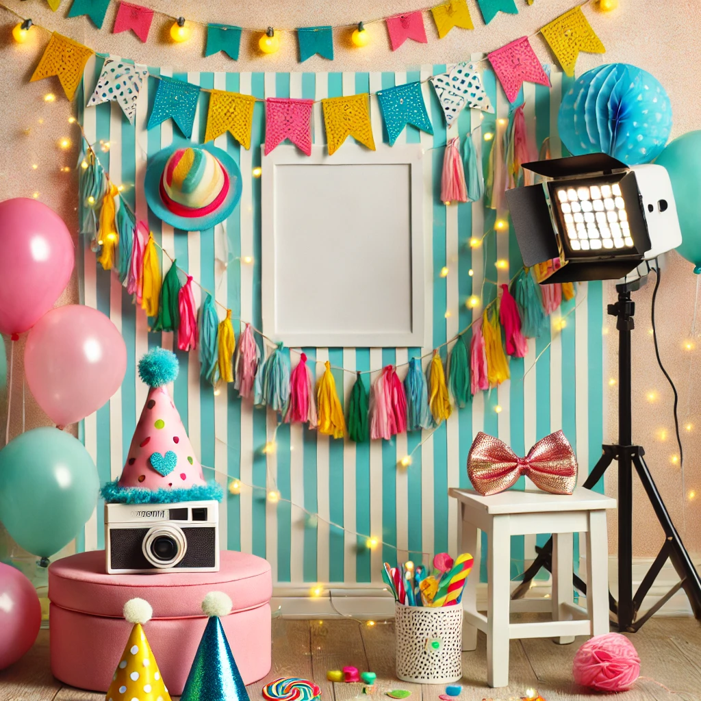DALL·E 2025-02-22 18.30.12 - A colorful photo booth corner set up for a children's birthday party. A fun backdrop with vibrant decorations, themed props like hats and glasses, and