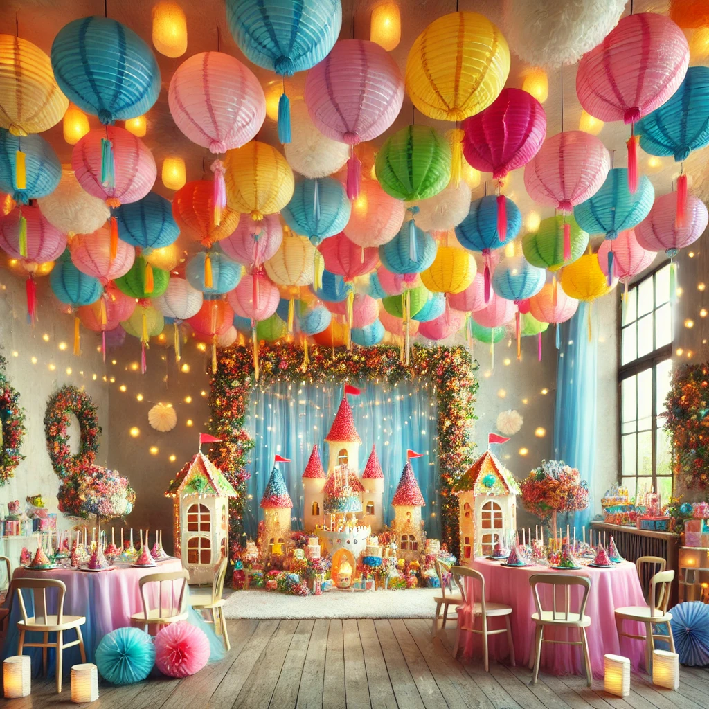 DALL·E 2025-02-22 18.30.21 - An enchanting children's birthday party setup with colorful paper lanterns hanging from the ceiling. The lanterns are in various sizes and bright colo
