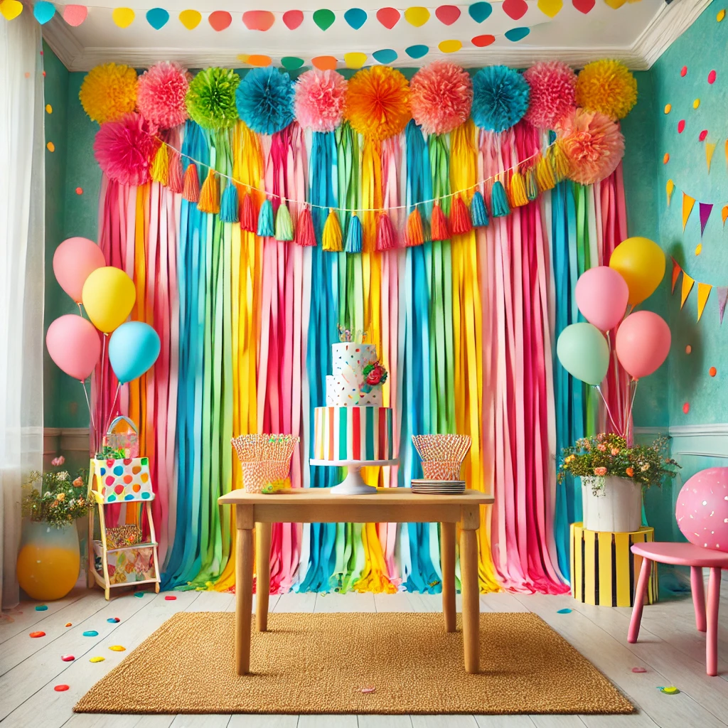 DALL·E 2025-02-22 18.30.29 - A vibrant children's birthday party setup featuring a colorful streamer backdrop wall. The wall is decorated with layered crepe paper streamers in bri