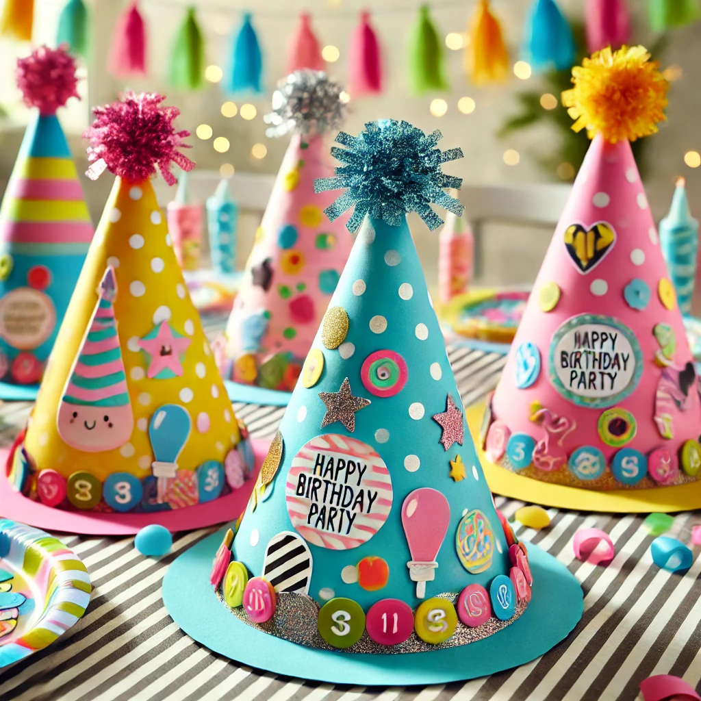DALL·E 2025-02-22 18.30.32 - A fun and creative children's birthday party setup with colorful party hats. The hats are made of bright cardstock, decorated with stickers, glitter,