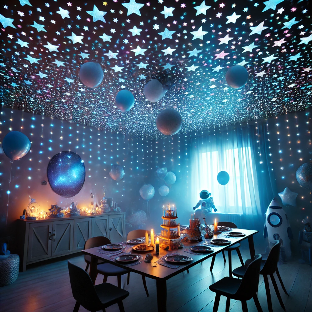 DALL·E 2025-02-22 18.30.39 - A magical space-themed children's birthday party setup with glow-in-the-dark ceiling stars. The room is dimly lit, and glowing star stickers cover the