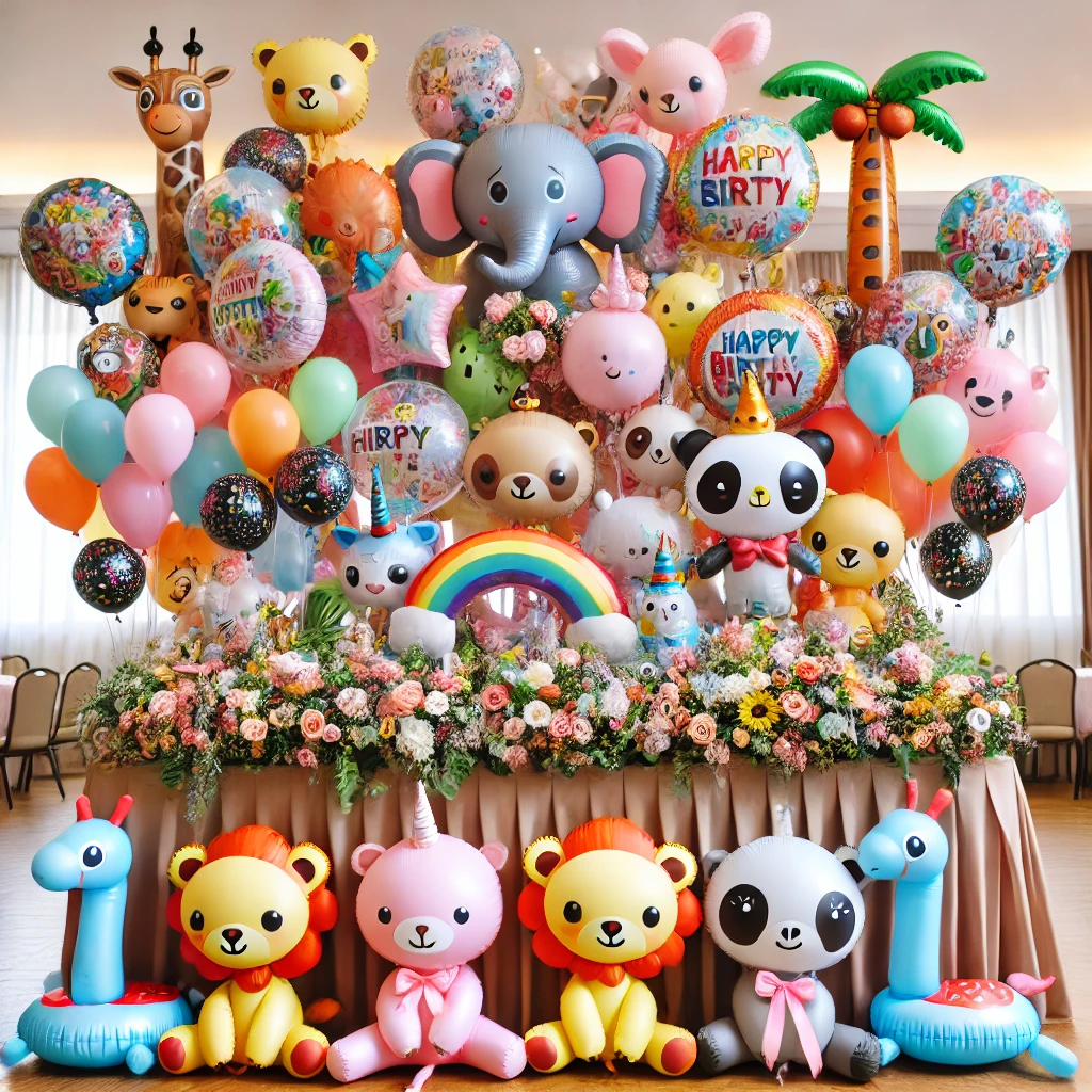 DALL·E 2025-02-22 18.30.43 - A lively children's birthday party setup with themed balloon bouquets. The helium-filled balloons come in various shapes, including animals and popula