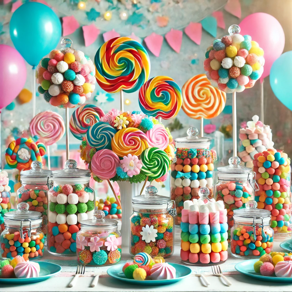 DALL·E 2025-02-22 18.30.48 - A colorful children's birthday party table decorated with edible candy decorations. The table features jars filled with bright candies, oversized loll