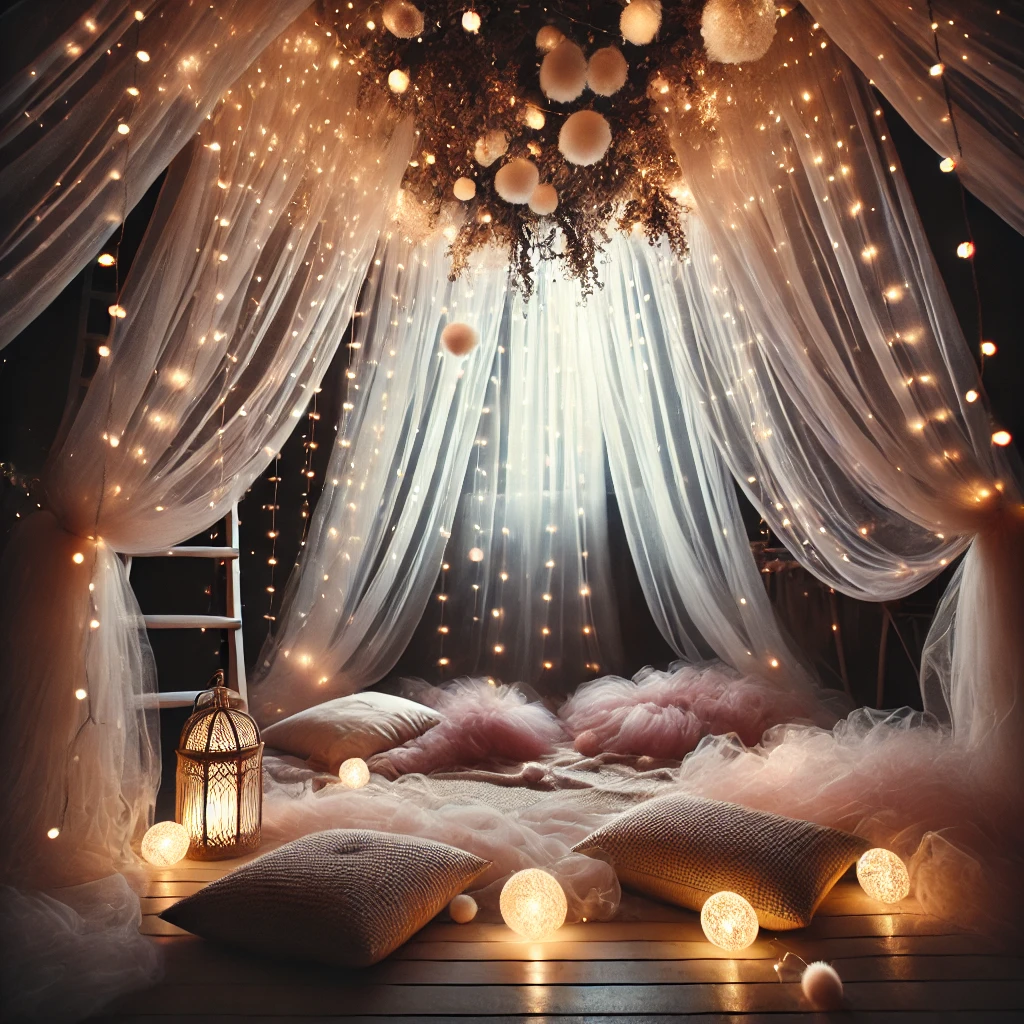 DALL·E 2025-02-22 18.47.17 - A dreamy fairy light canopy setup for a girls-only party. String lights cascade from above, draped with sheer fabric to create a magical, ethereal amb