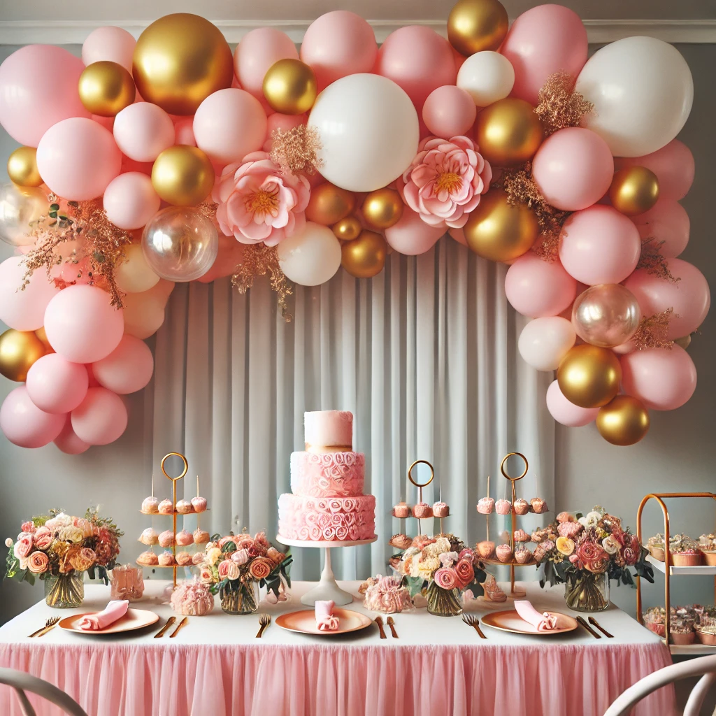 DALL·E 2025-02-22 18.47.22 - A vibrant balloon garland for a girls-only party. The garland features blush pink, gold, and white balloons arranged in a cascading design, framing a