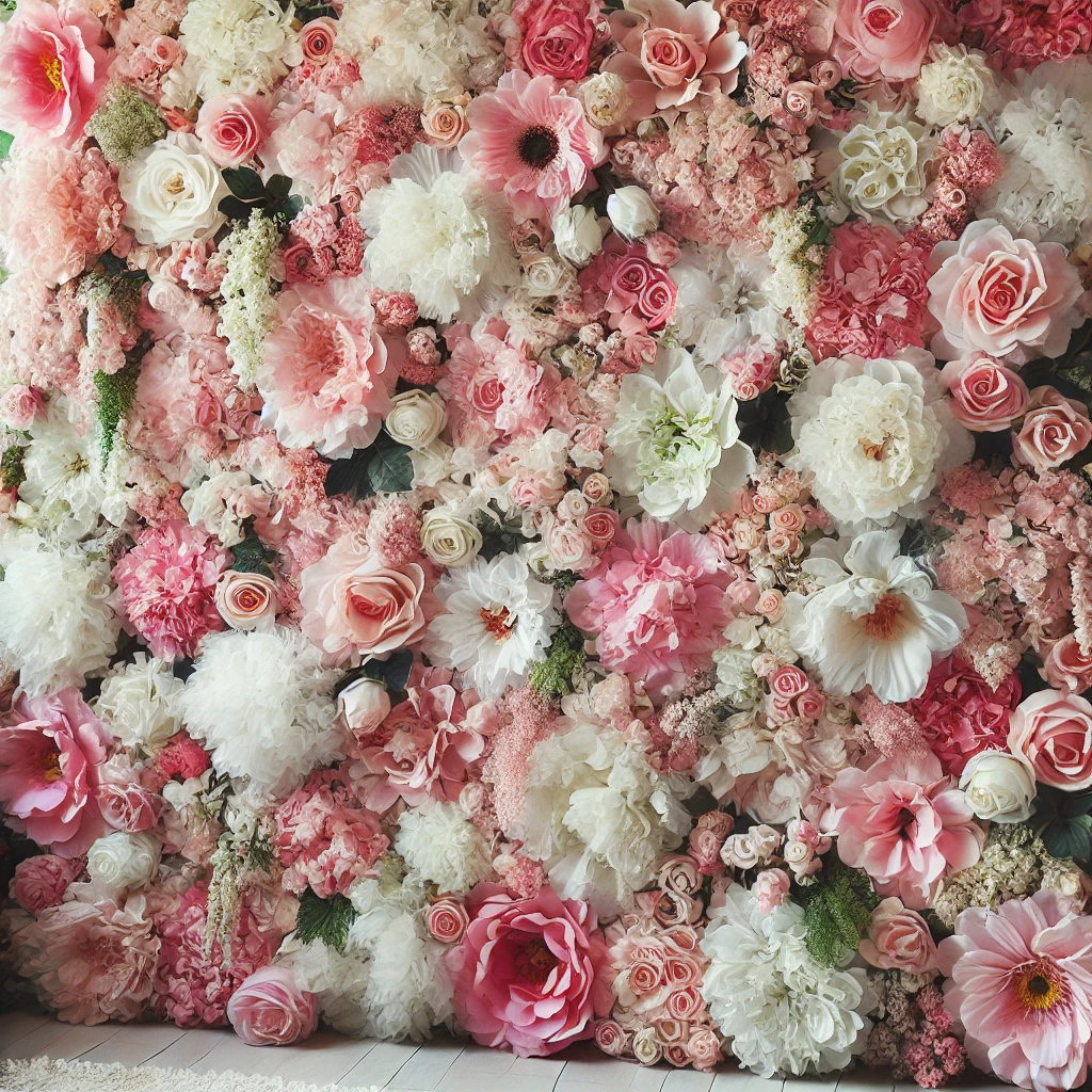 DALL·E 2025-02-22 18.47.26 - A luxurious DIY flower wall for a girls-only party. The wall is covered with lush, blooming faux flowers in pink, white, and pastel shades, creating a
